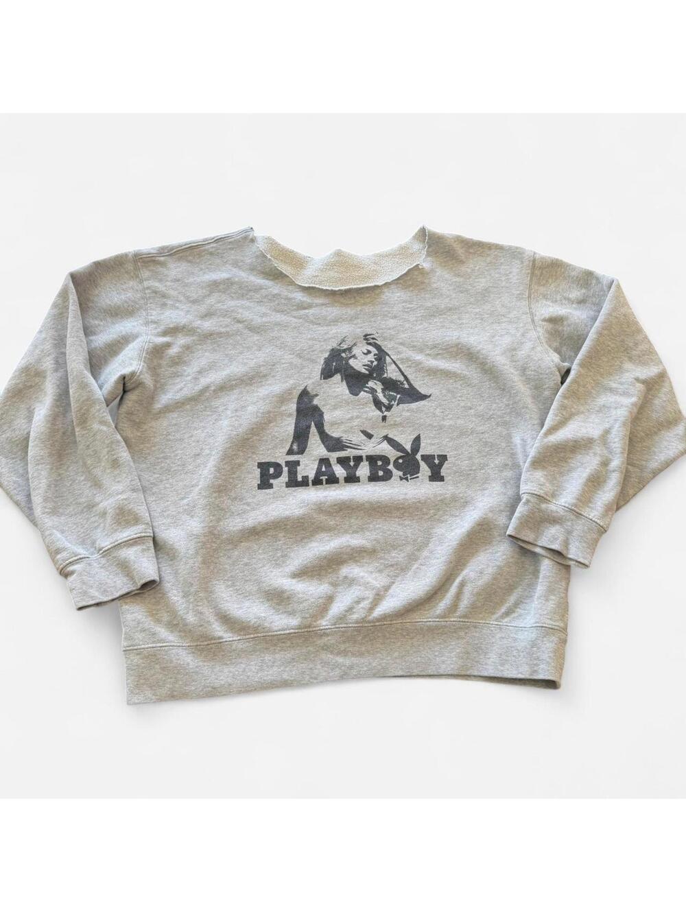 Grey Playboy crewneck off shoulder cut‎ sweatshirt with black graphic print